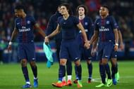 PARIS, FRANCE - FEBRUARY 14:  Edinson Cavani of Paris Saint-Germain celebrates victory with Presnel Kimpembe and Christopher Nkunku after the UEFA Champions League Round of 16 first leg match between Paris Saint-Germain and FC Barcelona at Parc des Princes on February 14, 2017 in Paris, France.  (Photo by Clive Rose/Getty Images)